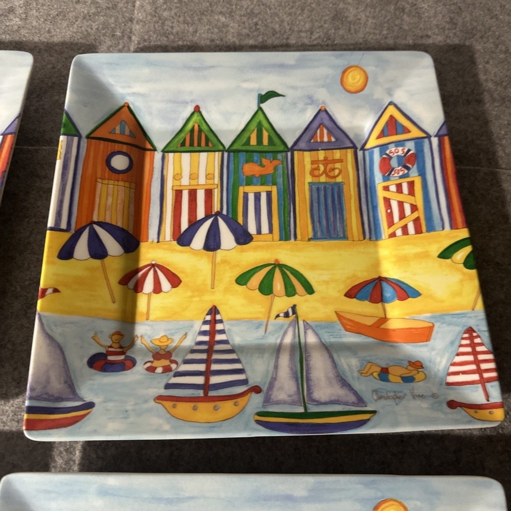 Melamine Sq Plate Set 4 Beach Scene Christopher Vine Plastic Dinner Nautical - Picture 6 of 11